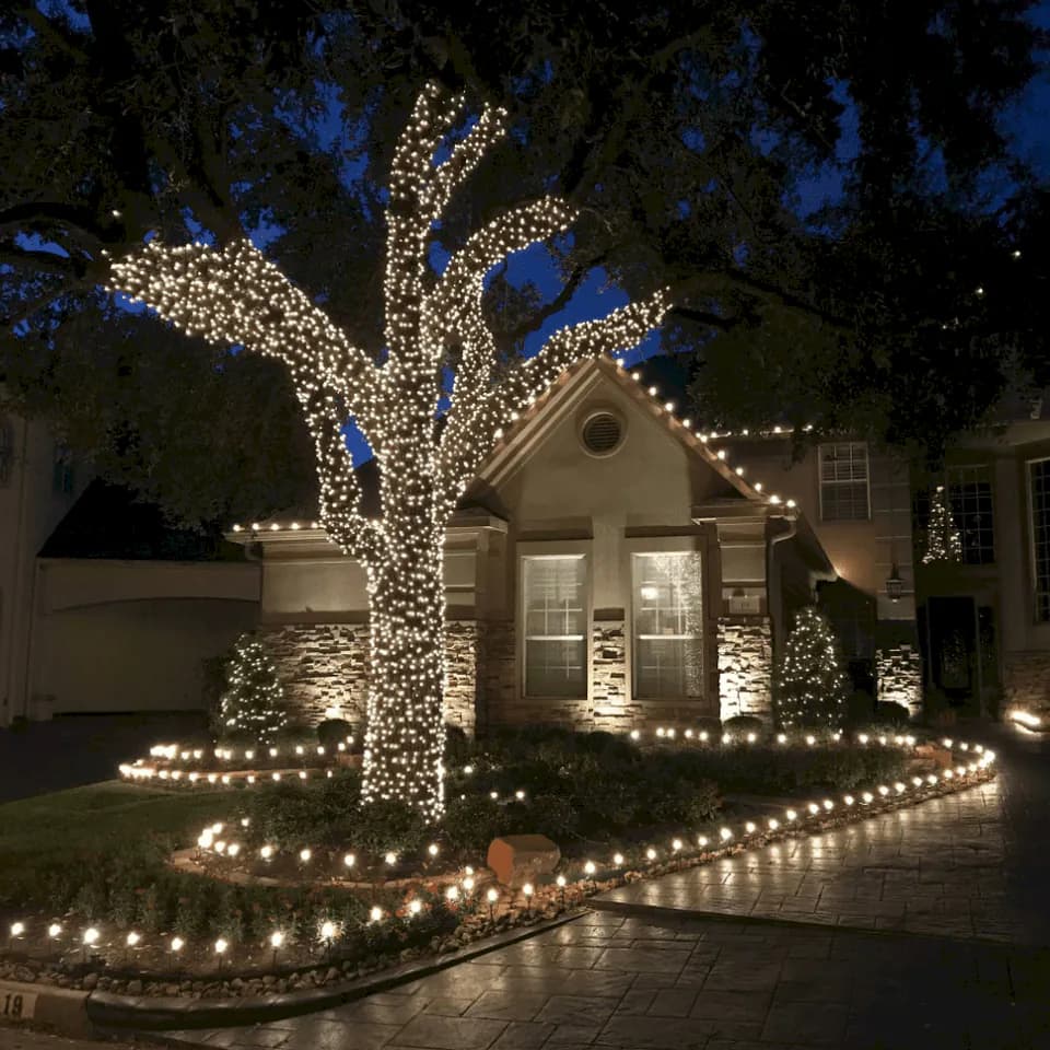 Sandy Springs front yard with a mature oak fully wrapped in warm white Christmas lights and a lit walkway perimeter